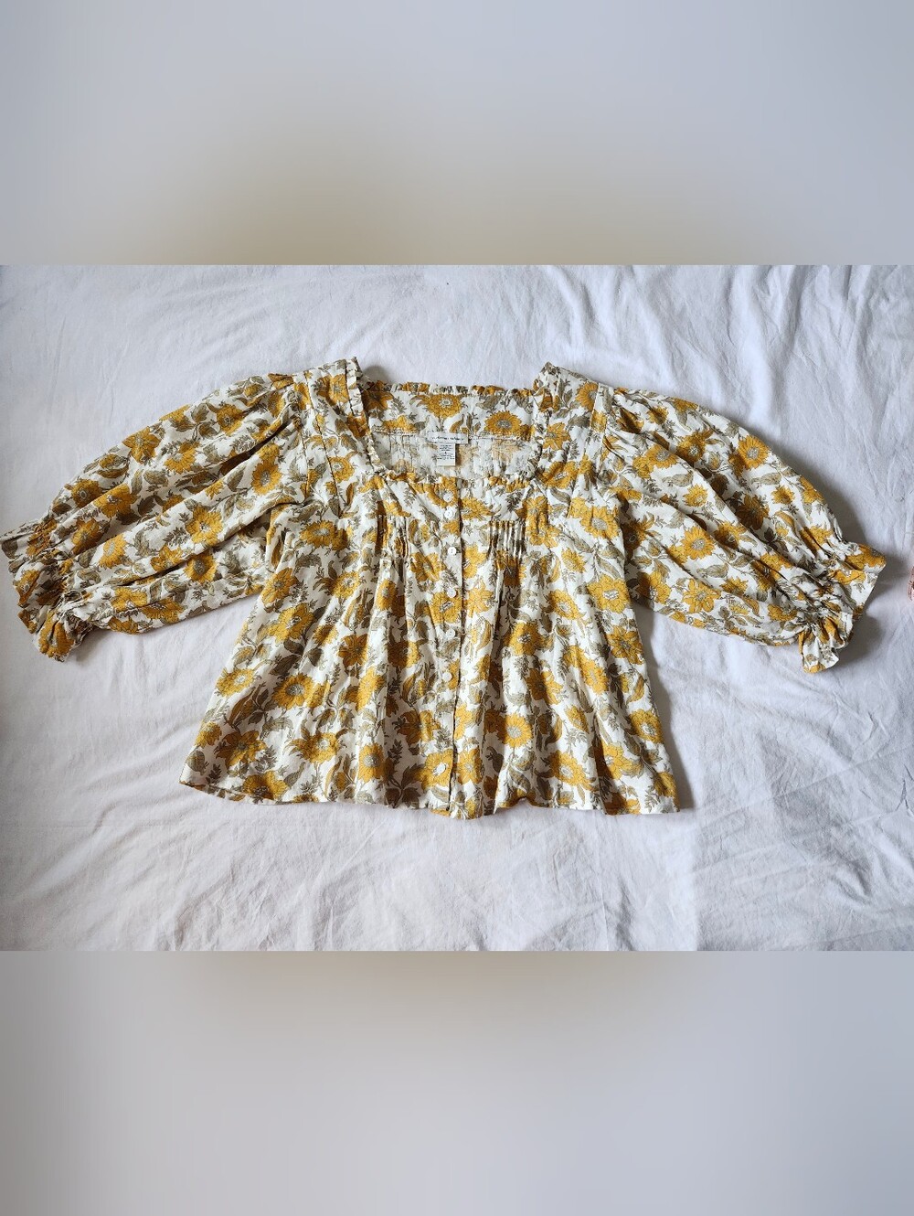 Linen Blend Floral Sunflower Button-Front Women's Blouse